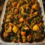 Mixed vegetable and offal stew in aluminum tray